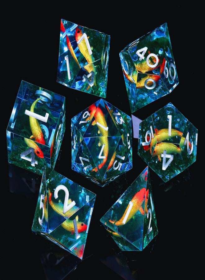 Froggod Moss and Koi Fish DND Dice Set - 7Pcs Sharp Edge Resin Polyhedral Game Dice for D&D RPG - Includes D20, D12, D10, D8, D6, D4 - Moss Agate Fish Design(Blue) - Image 4